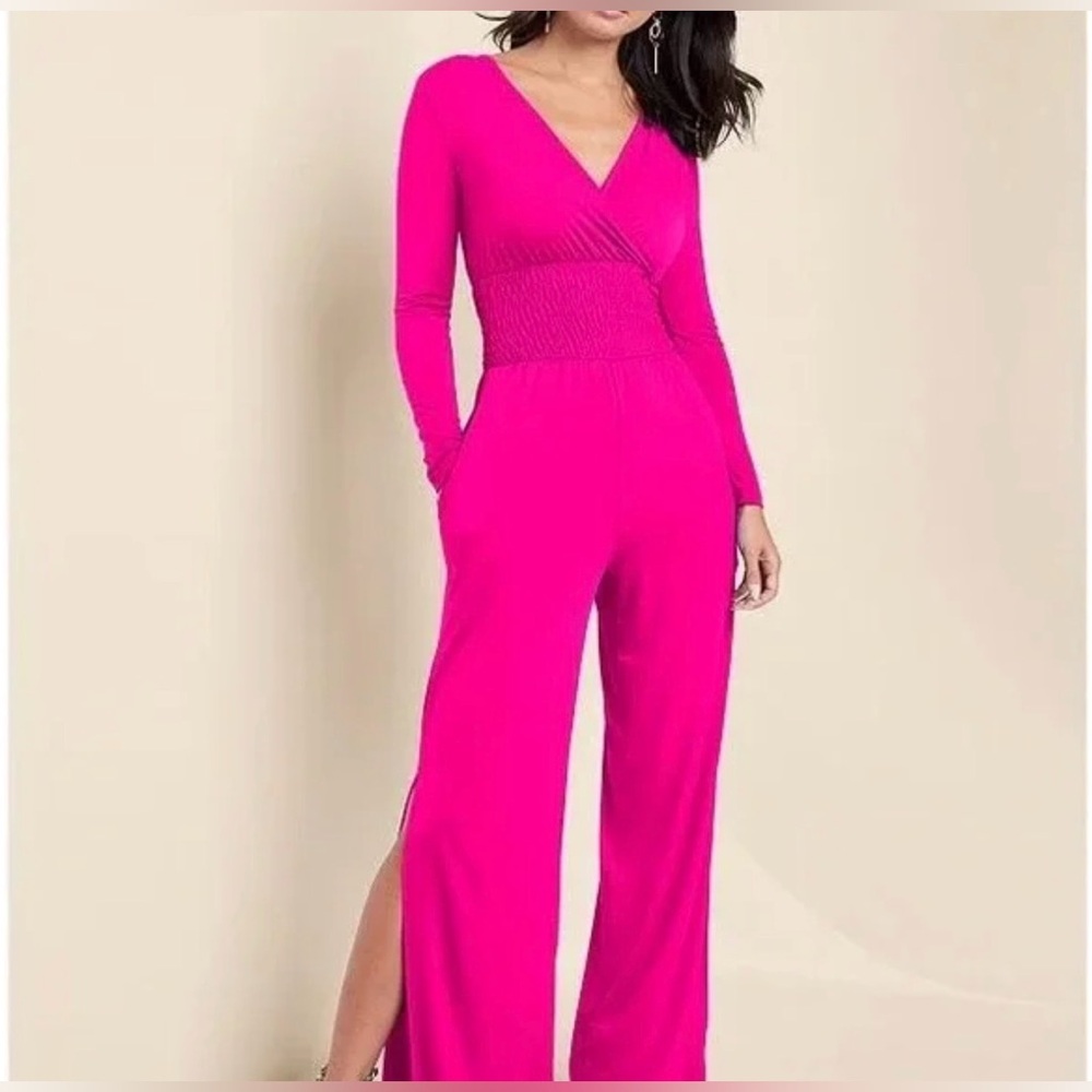 Venus Hot Pink Women's Jumpsuit cinch waist slit wide leg xs
